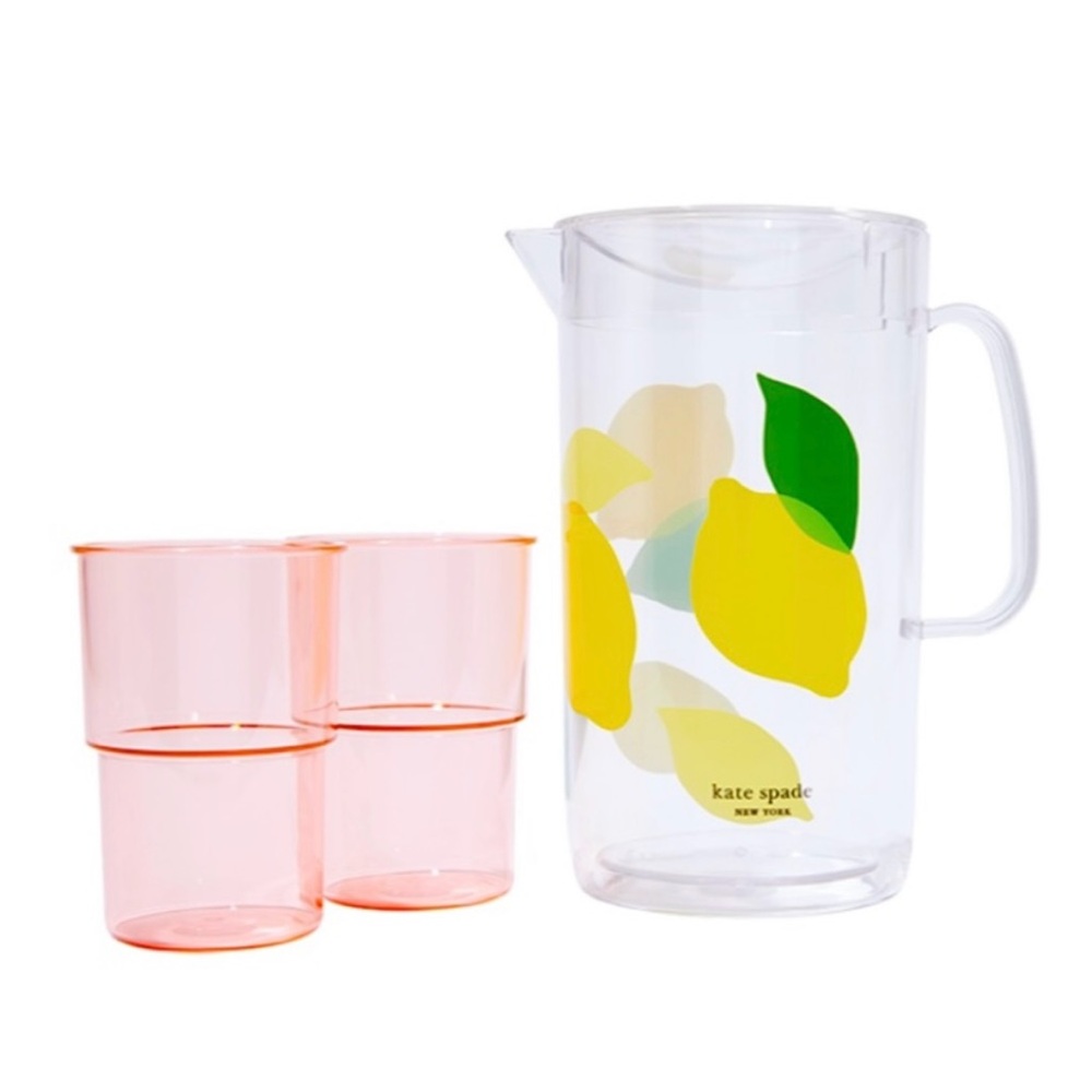 NEW - Kate Spade Lemon Pitcher Set with 2 Pink Cups